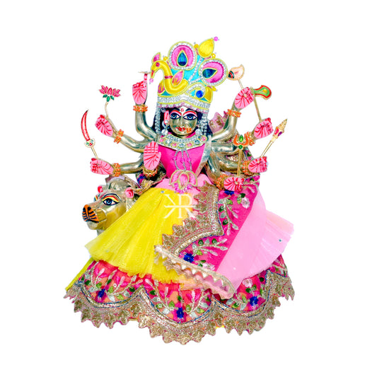 Designer Yellow & Pink Embroidery Lace Work Durga Ji Dress