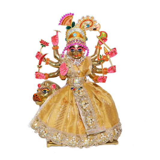 Golden Beige Stone Pearl Lace Work Durga Ji Dress