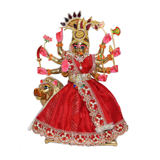 Hot Red Stone Pearl Lace Work Durga Ji Dress