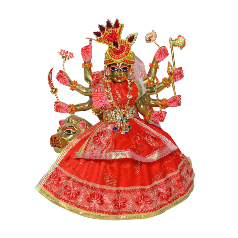 Red Sequins Embroidery Lace Work Durga Ji Dress