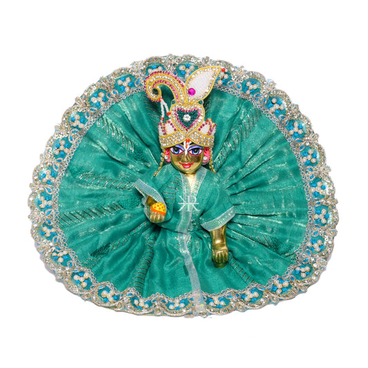 Sea Green Beige Stone Pearl Lace Work Laddu Gopal Dress