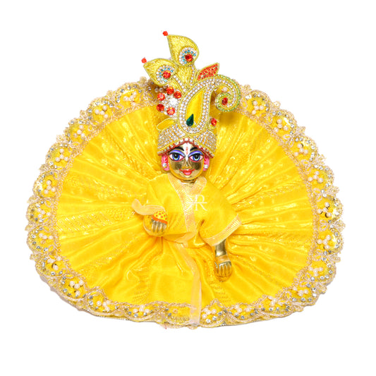 Yellow Stone Pearl Lace Work Laddu Gopal Dress