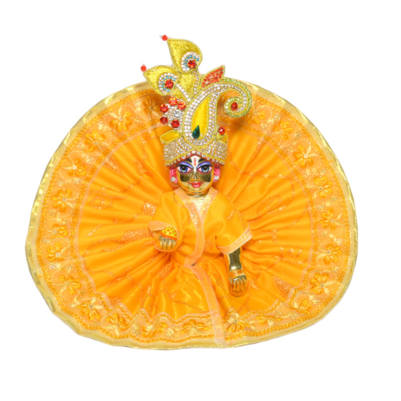 Yellow Sequins Embroidery Lace Work Laddu Gopal Dress