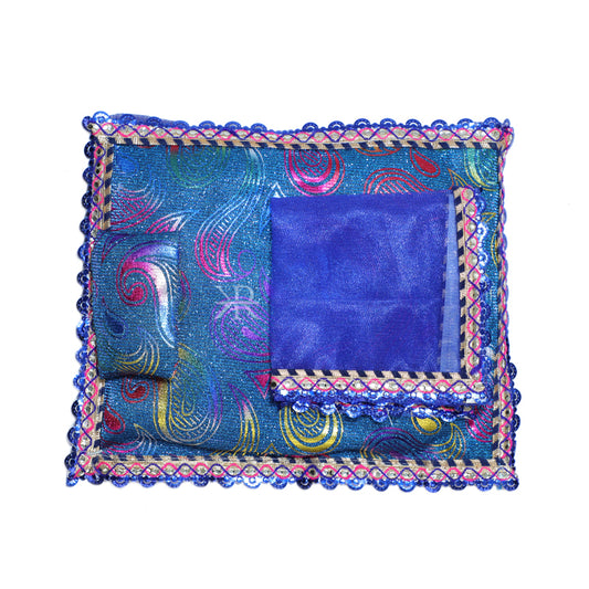 Blue Carry Print Foil Lace Work Bed Set