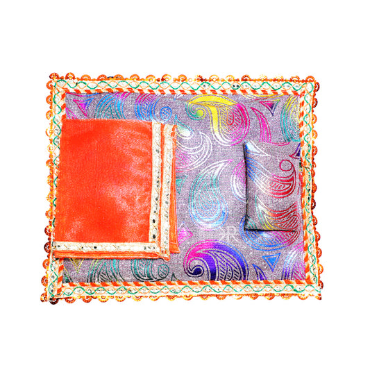 Orange Carry Print Foil Lace Work Bed Set