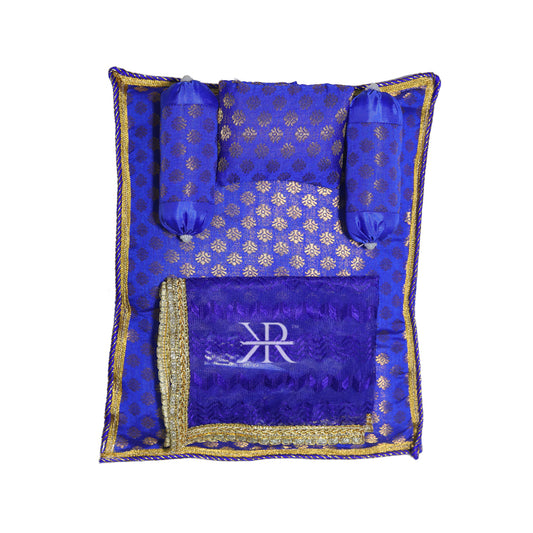 Royal Blue Golden Liquid Zari Hand Block Print Work Bed Set