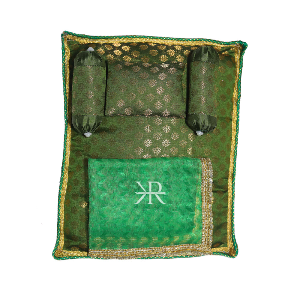 Green Golden Liquid Zari Hand Block Print Work Bed Set
