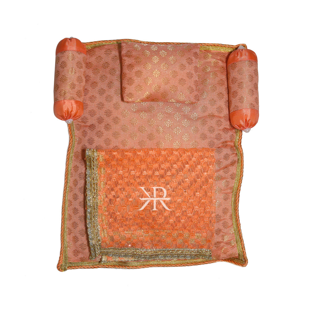 Peach Golden Liquid Zari Hand Block Print Work Bed Set