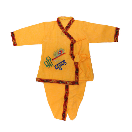 Yellow Cotton Embroidered Work Krishna Dress
