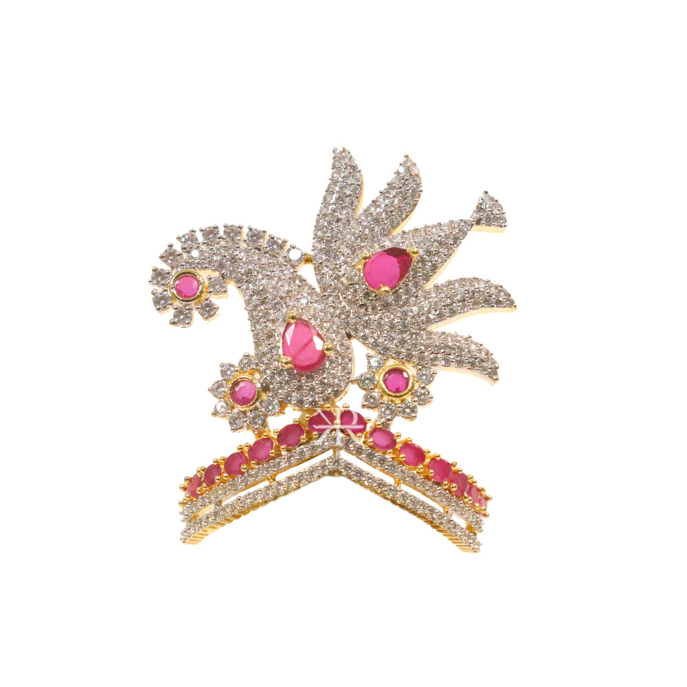 Beautiful White Pink AD Stone Peacock Work Mukut