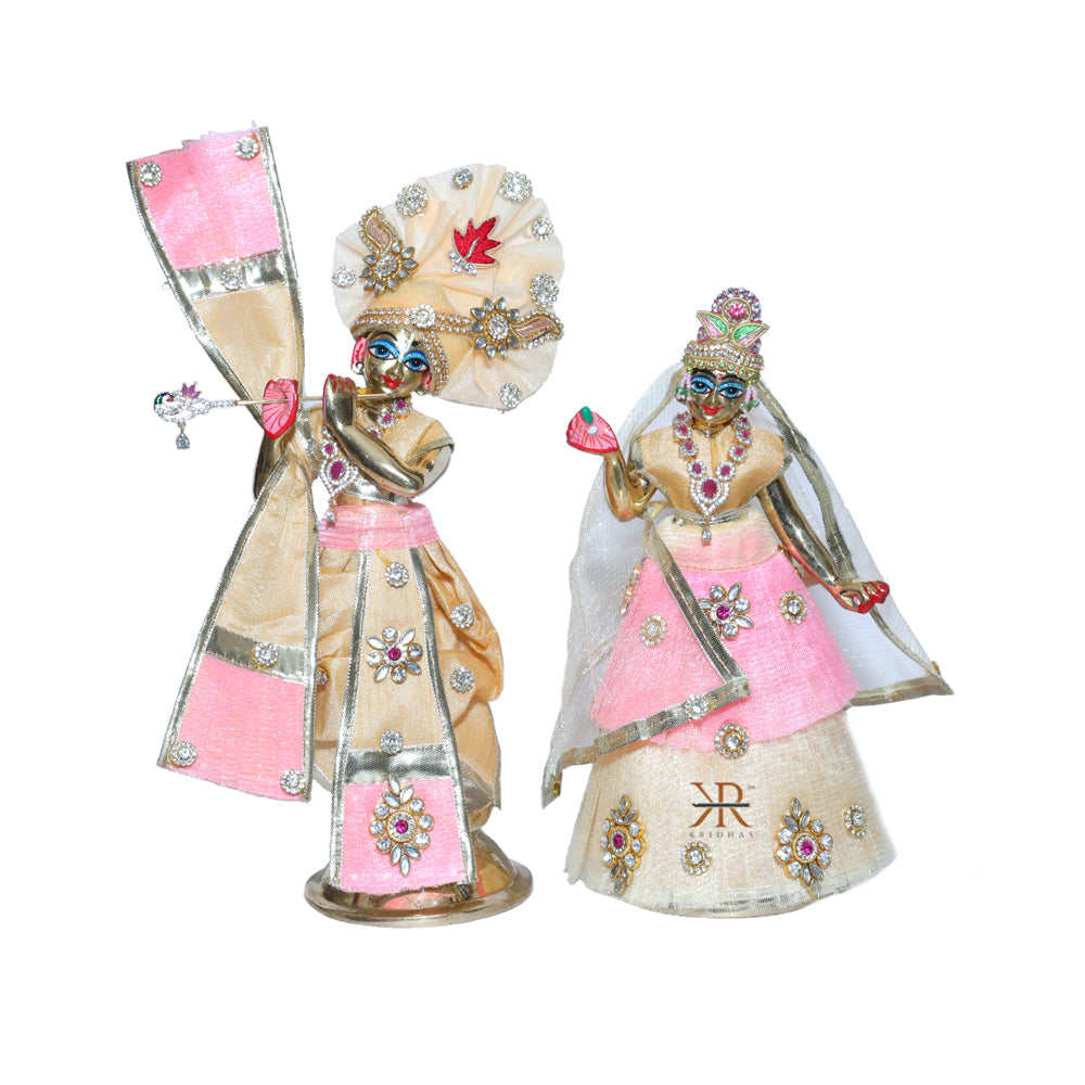 Designer Peach Pink Kundan Stone Patch Work Radha Krishna Dress