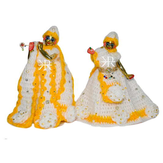 Yellow & White Wollen Stone Work Winter Radha Krishna Dress