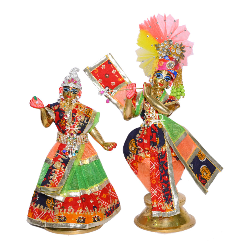 Beautiful Orange & Green Multi Border Print Work Radha Krishna Dress