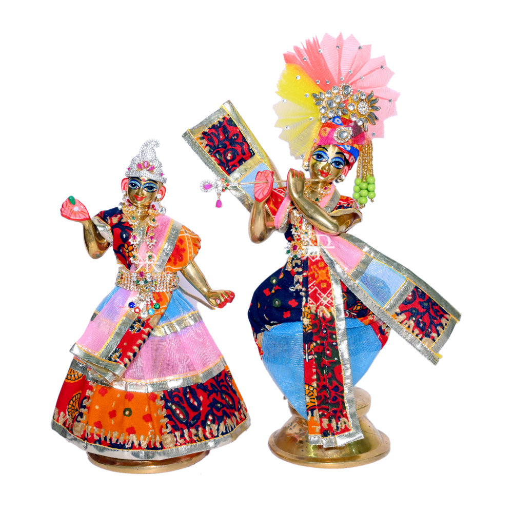 Beautiful Sky & Pink Multi Border Print Work Radha Krishna Dress