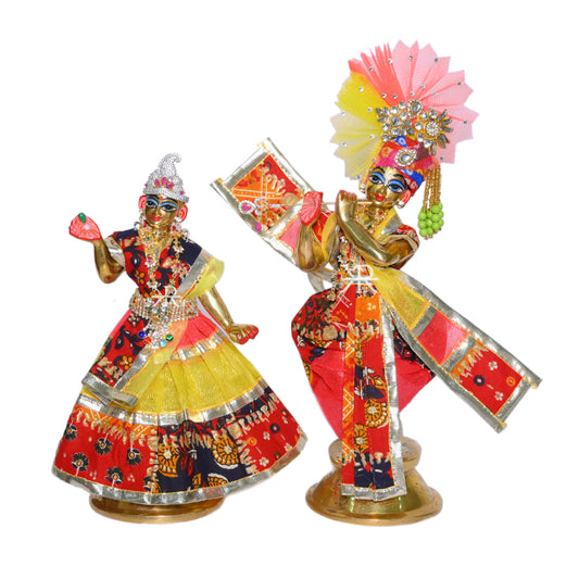 Beautiful Red & Yellow Multi Border Print Work Radha Krishna Dress