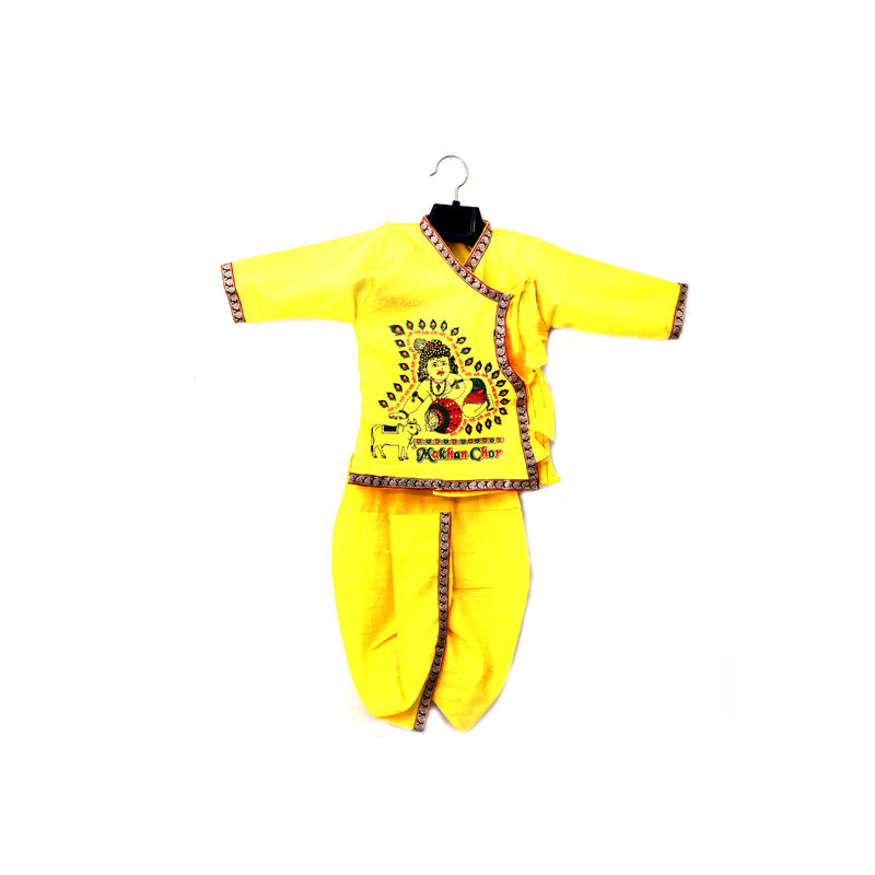 Yellow Cotton Print Work Krishna Dress