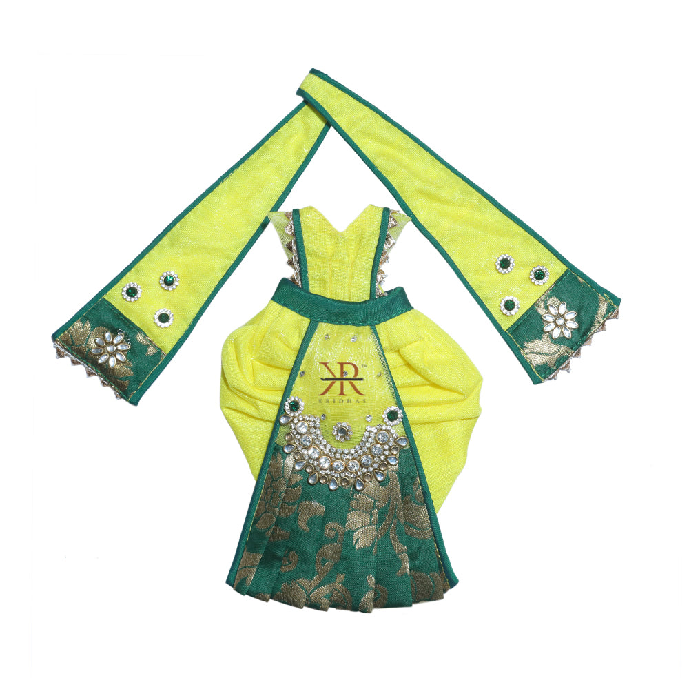 Designer Lemon Green Banarasi Silk Kundan Stone Patch Work Radha Krishna Dress