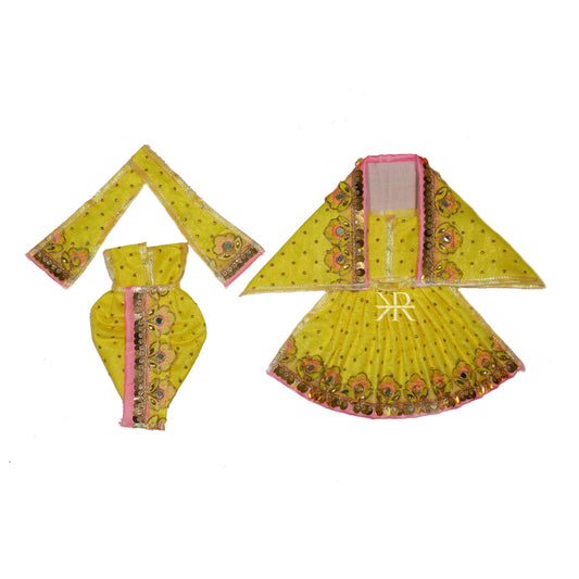 Beautiful Lemon Sparkle Dots Sequins Lace Work Radha Krishna Dress