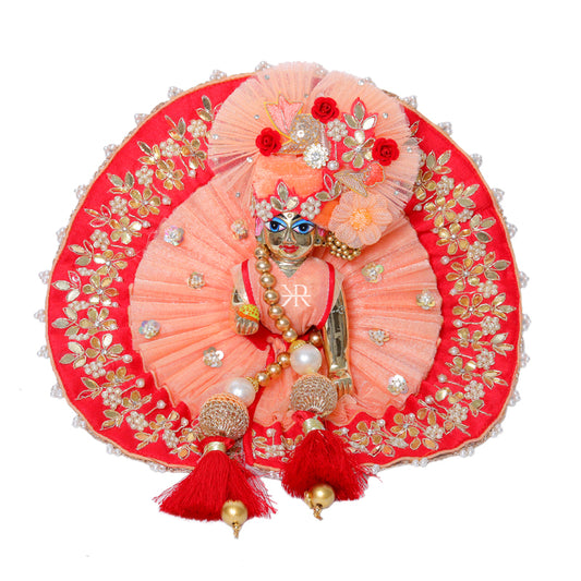 Beautiful Peach & Red Heavy Gotta Patti Pearl Work Laddu Gopal Dress