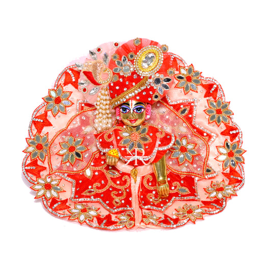 Designer Peach & Red Heavy Pearl Mirror Work Laddu Gopal Dress