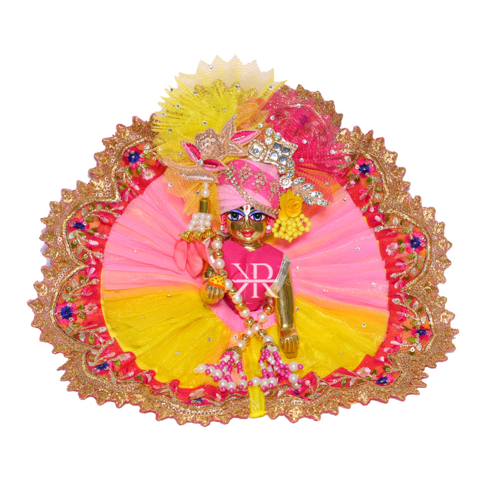 Designer Yellow Pink Embroidery Lace Work Laddu Gopal Dress