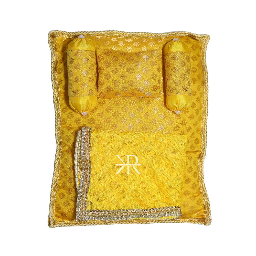 Yellow Golden Liquid Zari Hand Block Print Work Bed Set