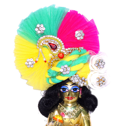 Designer Yellow Multi Colour Stone Patch Work Laddu Gopal Pugree