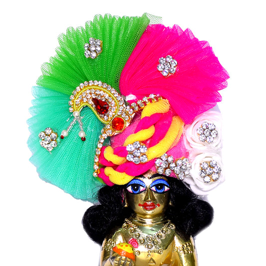 Designer Pink Multi Colour Stone Patch Work Laddu Gopal Pugree