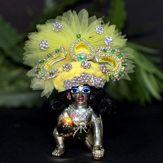 Designer Yellow Stone Patch Work Laddu Gopal Pugree