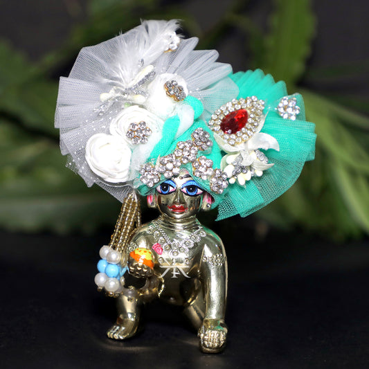 Designer White Sea Green Stone Flower Patch Work Laddu Gopal Pugree