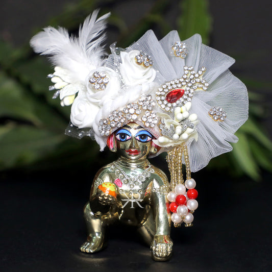 Designer White Stone Patch Work Laddu Gopal Pugree