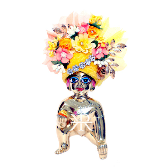 Designer Yellow Flower Stone Patch Work Laddu Gopal Pugree