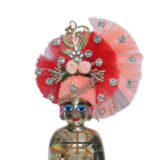 Elegant Peach Red Kundan Flower Patch Work Laddu Gopal Pugree