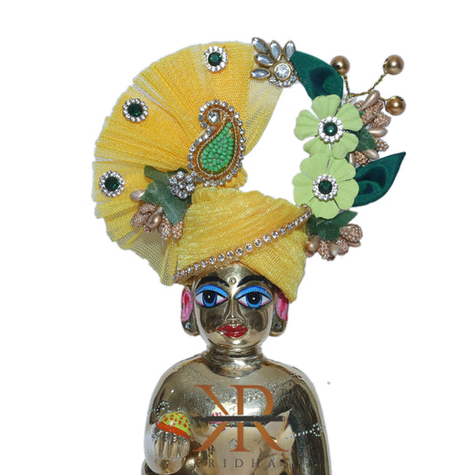 Elegant Yellow Flower Stone Patch Work Laddu Gopal Pugree