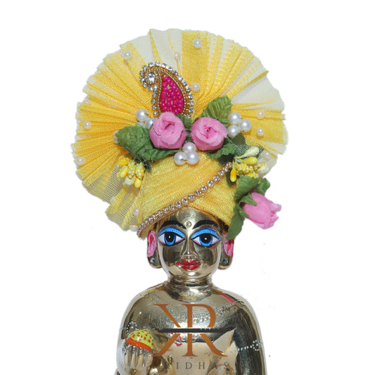 Elegant Yellow Flower Pearl  Stone Patch Work Laddu Gopal Pugree