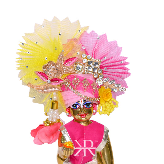 Designer Pink & Yellow Heavy Zardozi Stone Patch Work Laddu Gopal Pugree